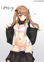 Rule 34 | 1girl, :3, absurdres, bad id, bad pixiv id, black ribbon, blonde hair, blush, bow, bow panties, bra, breasts, character name, cleavage, clothes pull, girls&#039; frontline, gluteal fold, groin, hair ribbon, heart, heart-shaped pupils, highres, long hair, medium breasts, miramu (ramu450471), navel, open clothes, panties, pink bra, pink panties, ribbon, scar, scar across eye, scar on face, skindentation, skirt, skirt down, smile, symbol-shaped pupils, thighs, twintails, twitter username, ump9 (girls&#039; frontline), underwear, white background