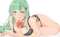 Rule 34 | 1girl, alternate costume, black bra, black panties, blush, bow, bowtie, bra, breasts, cleavage, commentary request, detached collar, green eyes, green hair, hair ornament, hairclip, highres, kantai collection, large breasts, licking lips, long hair, looking at viewer, lying, maonatten, on stomach, panties, red bow, red bowtie, side-tie panties, simple background, solo, suzuya (kancolle), tongue, tongue out, underwear, underwear only, white background