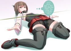 Rule 34 | 1girl, bike shorts, black thighhighs, brown eyes, brown hair, commentary request, female focus, flat chest, hair between eyes, hard-translated, headband, headgear, japanese text, jitome, kantai collection, limbo, looking up, musaigen no phantom world, outstretched arms, panikuru yuuto, parody, pleated skirt, short hair, skirt, solo, taihou (kancolle), thighhighs, thighs, thinking, third-party edit, thought bubble, translated, wide sleeves