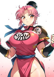 Rule 34 | 1girl, armor, blush, breasts, brown eyes, chinese clothes, clenched hands, closed mouth, commentary request, dragon quest, dragon quest dai no daibouken, dress, gradient background, hair bun, hands up, highres, large breasts, lips, maam, pelvic curtain, pink dress, pink hair, senri gan, serious, shiny skin, short dress, short sleeves, shoulder armor, simple background, single hair bun, solo, thighs, upper body, white background