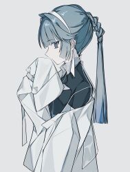 Rule 34 | 1girl, arm at side, bags under eyes, black shirt, blue eyes, blue hair, braid, braided ponytail, cowboy shot, from side, half updo, hand up, highres, layered clothes, long bangs, long hair, long sleeves, looking at viewer, off shoulder, okizakana, original, profile, shirt, sidelocks, sideways glance, simple background, sleeves past fingers, sleeves past wrists, solo, white background, white shirt