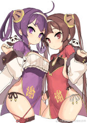 Rule 34 | 2girls, asymmetrical docking, azur lane, black legwear, breast press, breasts, brown hair, china dress, chinese clothes, cleavage, cleavage cutout, clothing cutout, cowboy shot, dress, flat chest, from side, hair rings, hairband, kinjo kuromomo, large breasts, long hair, multiple girls, ning hai (azur lane), panties, ping hai (azur lane), purple eyes, purple hair, red eyes, side-tie panties, single thighhigh, sketch, string panties, thighhighs, twintails, underwear, weibo watermark