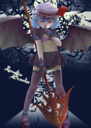 Rule 34 | 1girl, alternate costume, bat (animal), bat wings, blue hair, bra, character name, fangs, full body, gloves, hat, hat ribbon, hiraoka masamune, looking at viewer, midriff, mob cap, navel, open mouth, puffy sleeves, purple thighhighs, red eyes, remilia scarlet, ribbon, see-through, shoes, short hair, short sleeves, skirt, smile, solo, spear the gungnir, thighhighs, thong, touhou, underwear, wings