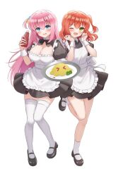 Rule 34 | 2girls, absurdres, apron, back bow, black bow, black bowtie, black dress, black footwear, blue eyes, bocchi the rock!, bow, bowtie, breasts, cleavage, collar, dress, frilled apron, frills, full body, gotoh hitori, green eyes, hair between eyes, highres, kita ikuyo, large breasts, long hair, looking at viewer, maid, maid apron, mary janes, multiple girls, one eye closed, one side up, open mouth, pink hair, red hair, shoes, short sleeves, simple background, small breasts, smile, socks, standing, standing on one leg, thighhighs, white apron, white background, white bow, white collar, white socks, white thighhighs, yukiunag1, zettai ryouiki