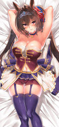 1girl animal_ears armpits arms_behind_head arms_up bad_id bad_pixiv_id bare_shoulders blue_thighhighs blush bow breasts brown_hair choker cleavage collarbone corset daiwa_scarlet_(umamusume) dakimakura_(medium) garter_straps hair_bow hair_intakes highres horse_ears horse_girl horse_tail jacket unworn_jacket kawai_(purplrpouni) large_breasts long_hair looking_at_viewer miniskirt navel red_bow red_corset red_eyes red_shorts short_shorts shorts skirt starting_future_(umamusume) tail thighhighs thighs tiara twintails umamusume very_long_hair white_jacket white_skirt