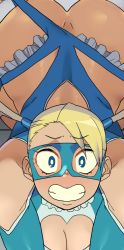 Rule 34 | 1girl, ass, blonde hair, blue eyes, blush, breasts, bright pupils, cleavage, cleavage cutout, clothing aside, clothing cutout, dimples of venus, domino mask, heart cutout, leotard, leotard aside, looking at viewer, mask, minakami (flyingman555), rainbow mika, solo, source request, street fighter, twintails