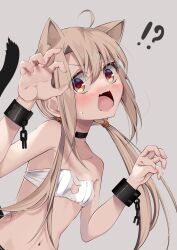 Rule 34 | !?, 1girl, ahoge, animal ears, bandeau, bare shoulders, blonde hair, blush, breasts, cat ears, cat tail, chain, choker, collarbone, cuffs, fate/kaleid liner prisma illya, fate (series), highres, illyasviel von einzbern, long hair, looking at viewer, low twintails, navel, open mouth, pei iriya, red eyes, shackles, sidelocks, small breasts, solo, tail, twintails