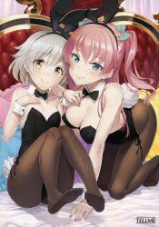 Rule 34 | 2girls, absurdres, all fours, animal ears, aqua eyes, bow, bowtie, breasts, closed mouth, detached collar, fake animal ears, feet, female focus, grey hair, hair bow, hairband, hand on own chest, highres, leotard, long hair, looking at viewer, medium breasts, melonbooks, multiple girls, nail polish, no shoes, pantyhose, pink hair, playboy bunny, rabbit ears, rabbit tail, scan, short hair, side-tie leotard, sitting, small breasts, smile, tail, terumii, toes, two side up, wrist cuffs, yellow eyes