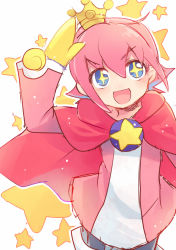 Rule 34 | + +, 1boy, black pants, blue eyes, cape, gloves, hair between eyes, hand up, long sleeves, looking at viewer, ocean prince, open mouth, pants, pink cape, pink hair, pink shirt, puyopuyo, salde canarl shellbrick iii, shirt, simple background, smile, standing, v-shaped eyebrows, white background, white shirt, xox xxxxxx, yellow gloves, yellow star
