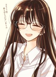 Rule 34 | 1girl, :d, black-framed eyewear, black hair, blush, buttons, closed eyes, collared shirt, commentary request, dress shirt, facing viewer, glasses, grey background, happy, himawari-san, himawari-san (character), long hair, open mouth, shirt, signature, simple background, smile, solo, sugano manami, translation request, white shirt