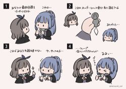 Rule 34 | &gt; &lt;, 2girls, ^ ^, arm at side, arms at sides, arrow (symbol), assault lily, black jacket, blue bow, blue hairband, blunt bangs, bow, bow hairband, bowtie, braid, brown background, brown hair, chibi, closed eyes, comic, cropped torso, french braid, fukuyama jeanne sachie, grey hair, hairband, hand up, hands up, highres, holding, holding needle, index finger raised, jacket, jitome, kabayaki (kabayaki eel), kuroki francisca yuria, long hair, long sleeves, looking at another, looking at object, ludvico private girls&#039; academy school uniform, multiple girls, needle, needle threader, no mouth, pink bow, pink bowtie, ponytail, profile, school uniform, sewing needle, simple background, solid oval eyes, sparkle, sweatdrop, translated, trembling, twitter username, v-shaped eyebrows