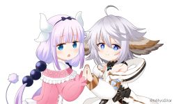 Rule 34 | 2girls, ahoge, bare shoulders, black bow, black hairband, blue eyes, blunt bangs, bow, capelet, chestnut mouth, closed mouth, commentary request, crossover, dragon horns, dress, flower-shaped pupils, granblue fantasy, grey hair, hair between eyes, hair bow, hairband, horns, jacket, kanna kamui, kobayashi-san chi no maidragon, long hair, long sleeves, low twintails, mitya, multiple girls, off shoulder, open clothes, open jacket, open mouth, palms together, pink dress, pink hair, puffy long sleeves, puffy sleeves, shirt, simple background, sleeveless, sleeveless shirt, smile, symbol-shaped pupils, tail, twintails, twitter username, very long hair, voice actor connection, wamdus (granblue fantasy), white background, white capelet, white jacket, white shirt
