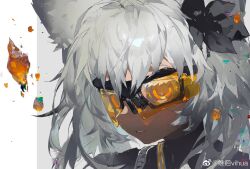 Rule 34 | 1girl, animal ears, black shirt, check copyright, chinese commentary, colored eyelashes, commentary request, copyright request, fox ears, fox girl, goggles, highres, medium hair, orange-tinted eyewear, orange eyes, orange gemstone, original, parted lips, portrait, shirt, solo, tinted eyewear, vihua6, weibo logo, weibo watermark, white hair