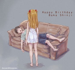 Rule 34 | 1boy, 1girl, artist name, barefoot, blue shorts, brown hair, character name, closed eyes, couch, drooling, english text, from behind, full body, grey background, happy birthday, highres, ikari shinji, interface headset, kazumiminagawa, long hair, looking at another, neon genesis evangelion, romaji text, shirt, shorts, simple background, sleeping, souryuu asuka langley, t-shirt, translated, two side up