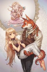 Rule 34 | 1girl, animal ears, bare shoulders, barefoot, belt, blonde hair, braid, breasts, brush, capri pants, carrying, dog, dog ears, dog tail, elf, eyebrows, furry, furry male, highres, interlocked fingers, large breasts, long hair, looking at another, original, pants, pointy ears, princess carry, red eyes, shirt, sleeveless, sweat, sweater vest, tail, very long hair, yamamoto shikaku
