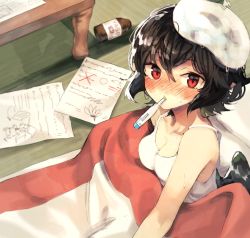Rule 34 | 1girl, animal ears, bad id, bad pixiv id, black hair, black wings, breasts, cleavage, collarbone, digital thermometer, looking at viewer, medicine, medium breasts, mouth hold, paper, red eyes, shameimaru aya, short hair, sick, solo, suminagashi, sweat, table, thermometer, touhou, wings
