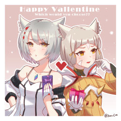Rule 34 | absurdres, animal ears, blunt bangs, bodysuit, camisole, cat ears, gloves, hey cre, highres, jacket, mio (xenoblade), nia (xenoblade), short hair, shoulder strap, silver hair, skirt, tank top, valentine, white camisole, white gloves, white jacket, white skirt, white tank top, xenoblade chronicles (series), xenoblade chronicles 2, xenoblade chronicles 3, yellow bodysuit, yellow eyes