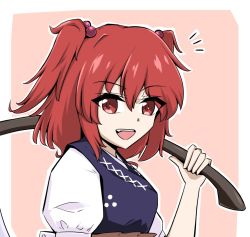 Rule 34 | 1girl, :d, erakokyu01, hair bobbles, hair ornament, holding, holding scythe, looking at viewer, onozuka komachi, open mouth, red eyes, red hair, scythe, short sleeves, simple background, smile, solo, touhou, two side up, upper body