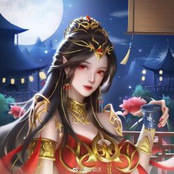 Rule 34 | 1girl, architecture, black hair, breasts, building, cai lin (doupo cangqiong), cup, doupo cangqiong, dress, earrings, east asian architecture, fence, flower, highres, jewelry, lantern, large breasts, long hair, moon, mountain, night, night sky, pointy ears, red dress, sky, solo, wan jing he luo, water