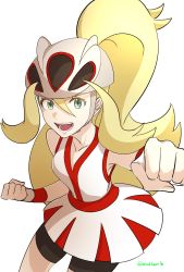 Rule 34 | 1girl, bare shoulders, bicycle helmet, bike shorts, blonde hair, clenched hands, commentary request, creatures (company), dress, eyelashes, game freak, green eyes, gym leader, hair between eyes, helmet, highres, hizukiki, korrina (pokemon), long hair, looking at viewer, nintendo, open mouth, pokemon, pokemon xy, ponytail, red dress, simple background, solo, teeth, tongue, two-tone dress, very long hair, white background, white dress, wristband