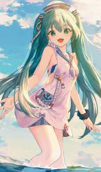 Rule 34 | 1girl, absurdres, aqua eyes, aqua hair, bare shoulders, blue sky, blush, clothing request, cloud, commentary, day, hair between eyes, hair ornament, hat, hatsune miku, highres, long hair, looking at viewer, neckerchief, ocean, open mouth, outdoors, rufe 0v0, sailor collar, sailor hat, scrunchie, sky, smile, solo, standing, sunlight, swimsuit, twintails, vocaloid, wading, water, white neckerchief, wrist scrunchie