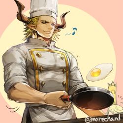 Rule 34 | 1boy, baotorda, bara, blonde hair, character request, chef, chef hat, chef, cooking, cow boy, cow horns, draph, egg yolk, feet out of frame, frying pan, granblue fantasy, hat, holding, holding frying pan, horns, male focus, mature male, moreshan, muscular, muscular male, pectorals, short hair, sideburns, sleeves rolled up, solo focus, tight clothes