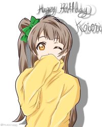 Rule 34 | 1girl, artist name, artist request, blush, bow, brown eyes, brown hair, female focus, gren bow, grey hair, hair bow, highres, light brown hair, long hair, long sleeves, looking at viewer, love live!, love live! school idol project, minami kotori, one eye closed, ponytail, side ponytail, solo, sweater, tsukki-chan (tsukki1995), tsukki1995, white background, yellow sweater