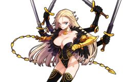 Rule 34 | 1girl, bare shoulders, blonde hair, blue eyes, breasts, choker, cleavage, collarbone, cowboy shot, eiyuu senki, extra arms, gilgamesh (eiyuu senki), holding, holding sword, holding weapon, leotard, long hair, looking at viewer, mechanical arms, ooyari ashito, single mechanical arm, solo, sword, thighhighs, tongue, tongue out, transparent background, weapon