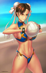 Rule 34 | 1girl, alternate costume, ball, bandaid, bandaid on hand, beach volleyball, bikini, blue bikini, bracelet, breasts, brown hair, capcom, chun-li, hair bun, holding, holding ball, hybridmink, jewelry, large breasts, lips, navel, ocean, playing sports, sand, smile, spiked bracelet, spikes, street fighter, swimsuit, volleyball, volleyball (object), water, yellow eyes
