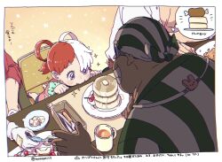 1girl 4boys aged_down bandana commentary_request cup food fork highres holding holding_fork limejuice_(one_piece) looking_at_food lucky_roux meat multicolored_hair multiple_boys one_piece pancake purple_eyes red_hair shanks_(one_piece) shirt sparkle striped_clothes striped_shirt tanaka_(tanakya123) two-tone_hair uta_(one_piece) vertical-striped_clothes vertical-striped_shirt white_hair white_shirt