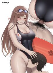 Rule 34 | 1boy, 1girl, black one-piece swimsuit, blush, breasts, brown hair, cleavage, closed mouth, competition swimsuit, cunnilingus, goddess of victory: nikke, goggles, goggles on head, heart, hetero, highres, large breasts, lazier, long hair, male pubic hair, official alternate costume, one-piece swimsuit, oral, orange eyes, pubic hair, rapi (classic vacation) (nikke), rapi (nikke), sex, sex from behind, standing, standing cunnilingus, swimsuit, twitching, twitter username, two-tone swimsuit, white one-piece swimsuit