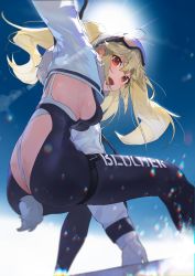 Rule 34 | 024th, 1girl, absurdres, action, ahoge, ass, ass cutout, azur lane, back cutout, between buttocks, blonde hair, bluecher (azur lane), bluecher (high-altitude head over heels) (azur lane), bodysuit, breasts, clothing cutout, crop top, crop top overhang, cropped jacket, fake tail, fang, from side, goggles, goggles on head, highres, large breasts, lens flare, looking at viewer, official alternate costume, outdoors, rabbit tail, red eyes, shrug (clothing), sideboob, snow, snowboard, snowboarding, solo, tail, text print, twintails