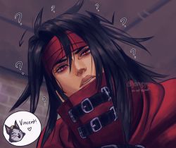 Rule 34 | 1boy, ?, black hair, cait sith (ff7), cloak, confused, dirge of cerberus final fantasy vii, final fantasy, final fantasy vii, headband, highres, jamqyu, long hair, looking down, messy hair, red cloak, red eyes, red headband, speech bubble, square enix, vincent valentine