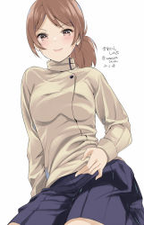 Rule 34 | 1girl, amasora taichi, black skirt, brown eyes, brown hair, brown shirt, character name, dated, girls und panzer, high collar, highres, kawanishi shinobu, leaning to the side, long sleeves, looking at viewer, miniskirt, one-hour drawing challenge, pleated skirt, shirt, short hair, short ponytail, simple background, sitting, skirt, solo, swept bangs, translated, twitter username, white background