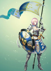 Rule 34 | 1girl, armor, armored boots, armored dress, banner, belt, boots, breasts, choker, cleavage, closed eyes, flag, full body, greatsword, greaves, highres, original, pauldrons, plate armor, polearm, profile, purple hair, sabaton, sevengreen, shield, short hair, shoulder armor, solo, standard bearer, standing, sword, weapon
