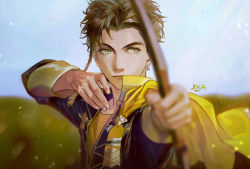 Rule 34 | 1boy, absurdres, black hair, black jacket, blurry, blurry foreground, bow (weapon), braid, capelet, claude von riegan, closed mouth, day, earrings, fire emblem, fire emblem: three houses, garreg mach monastery uniform, green eyes, highres, holding, holding bow (weapon), holding weapon, jacket, jewelry, kkia, long sleeves, male focus, nintendo, outdoors, short hair, side braid, single braid, single earring, solo, upper body, weapon, yellow capelet