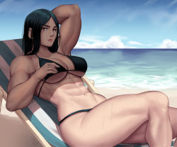 Rule 34 | 1girl, abs, absurdres, beach, beach chair, biceps, bikini, black bikini, black hair, blue sky, breasts, commentary, day, english commentary, highres, horizon, large breasts, looking at viewer, medium hair, muscular, muscular female, navel, ocean, original, parted hair, reclining, red eyes, shade, sky, solo, spaghetti strap, speedl00ver, string bikini, sweat, swimsuit, thick thighs, thighs, underboob