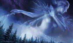 Rule 34 | 1girl, blue theme, breasts, depingo, closed eyes, fir tree, forest, giant, giantess, hair ornament, huge giantess, ice, monochrome, nature, night, night sky, original, parted lips, sky, sleeveless, snowflakes, snowing, solo, star (sky), starry sky, tree, watermark, web address, winter