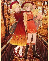 Rule 34 | 2girls, :d, ;p, acorn print, aki minoriko, aki shizuha, apple buckle, aran sweater, autumn, autumn leaves, bag, belt, beret, black belt, black ribbon, blonde hair, blush, blush stickers, boots, brown footwear, cable knit, colored pencil, dot nose, earrings, forest, ginkgo hair ornament, gradient skirt, hat, highres, jewelry, k0nfette, knee boots, kneehighs, leaf earrings, leaf print, long skirt, mary janes, multiple girls, nature, neck ribbon, one eye closed, open mouth, orange overalls, overalls, paintbrush, pencil, red eyes, red footwear, red headwear, red sweater, ribbed sweater, ribbon, ring, satchel, shoes, short hair, shoulder bag, siblings, sisters, skirt, smile, socks, sunflower earring, sweater, tongue, tongue out, touhou, wheat print, wide brim, yellow eyes, yellow sweater