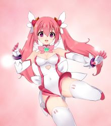 Rule 34 | 1girl, arm up, bare shoulders, blush, breasts, cleavage, covered navel, detached collar, elbow gloves, gloves, hair ornament, highres, leg lift, leotard, long hair, looking at viewer, magical angel fairy heart, medium breasts, official art, open mouth, outstretched arms, pink hair, purple eyes, smile, solo, standing, standing on one leg, strapless, strapless leotard, thighhighs, twintails, umai neko, white gloves, white thighhighs