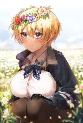 Rule 34 | 1girl, black gloves, black jacket, black pantyhose, blonde hair, blue eyes, blue neckwear, blue skirt, blue sky, blurry, blush, breasts, buckle, button gap, collarbone, collared shirt, cowboy shot, day, depth of field, field, flower, flower field, girls&#039; frontline, gloves, hair between eyes, hair ornament, hands on own knees, head wreath, highres, jacket, large breasts, long sleeves, looking to the side, mole, mole under eye, neck ribbon, outdoors, pantyhose, polla, ribbon, shirt, shirt tucked in, short hair, sidelocks, signature, skirt, sky, smile, snap-fit buckle, snowflake hair ornament, solo focus, sparkle, squatting, vsk-94 (girls&#039; frontline), white flower, white shirt