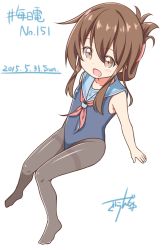 Rule 34 | 10s, 1girl, 2015, brown eyes, brown hair, dated, folded ponytail, gurande (g-size), image sample, inazuma (kancolle), kantai collection, leotard, long hair, no shoes, pantyhose, pantyhose under swimsuit, sailor collar, simple background, sitting, solo, swimsuit, thighband pantyhose