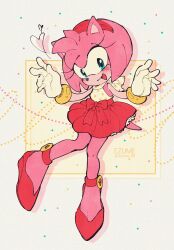 Rule 34 | 1girl, amy rose, animal ears, animal nose, aqua eyes, artist name, bare shoulders, blush, border, bow, bracelet, commentary request, eyelashes, ezume (rosehip), full body, furry, furry female, gloves, gold bracelet, hairband, hands up, heart, hedgehog ears, hedgehog girl, hedgehog tail, highres, jewelry, leg up, looking at viewer, open mouth, outside border, pink fur, polka dot, red bow, red footwear, red hairband, red skirt, shadow, shoes, skirt, smile, solo, sonic (series), standing, standing on one leg, tail, tank top, tongue, white border, white gloves, white tank top, yellow background