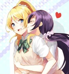 Rule 34 | 10s, 2girls, :d, ayase eli, bad id, bad twitter id, blonde hair, blue eyes, blush, kissing cheek, closed eyes, female focus, green ribbon, heart, hug, hug from behind, kiss, long hair, looking at another, love live!, love live! school idol project, md5 mismatch, multiple girls, nochita shin, open mouth, ponytail, ribbon, school uniform, scrunchie, short sleeves, skirt, smile, tojo nozomi, twintails, upside-down, vest, yuri