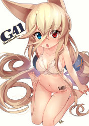 Rule 34 | 1girl, absurdres, animal ears, barcode, barcode tattoo, barefoot, blonde hair, blue eyes, blush, bra, breasts, character name, collarbone, commentary request, copyright name, g41 (girls&#039; frontline), girls&#039; frontline, h&amp;k g41, hair between eyes, heterochromia, highres, long hair, looking at viewer, low twintails, medium breasts, navel, open mouth, panties, red eyes, sitting, solo, tattoo, twintails, underwear, very long hair, wariza, white panties, yamacchi