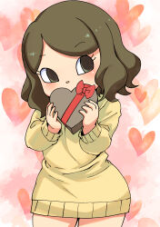 Rule 34 | 1girl, absurdres, animal crossing, bow, box, brown hair, covered mouth, cowboy shot, eyelashes, green eyes, hands up, heart, heart-shaped box, heart background, highres, holding, holding box, long sleeves, looking to the side, muramasa mikado, nintendo, red bow, short hair, solo, standing, sweater, swept bangs, villager (animal crossing), yellow sweater