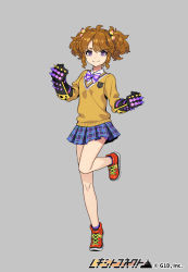 Rule 34 | 1girl, alternate costume, black gloves, brown hair, brown sweater, company name, full body, gloves, grey background, hair bobbles, hair ornament, hashiba tenma, looking at viewer, messy hair, official art, plaid, plaid skirt, pota (bluegutty), purple eyes, purple neckwear, red footwear, reki connect, shoes, simple background, skirt, smile, sneakers, solo, spiked gloves, standing, standing on one leg, sweater, watermark
