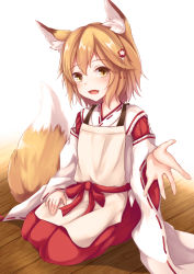 Rule 34 | 1girl, :d, animal ear fluff, animal ears, apron, blush, brown apron, brown eyes, brown hair, commentary request, fang, flower, fox ears, fox girl, fox tail, hair between eyes, hair flower, hair ornament, hakama, hakama skirt, highres, japanese clothes, kashiwagi yamine, kimono, long hair, long sleeves, looking at viewer, md5 mismatch, open mouth, red flower, red hakama, resolution mismatch, revision, ribbon-trimmed sleeves, ribbon trim, seiza, senko (sewayaki kitsune no senko-san), sewayaki kitsune no senko-san, sitting, skirt, sleeves past wrists, smile, solo, source smaller, tail, white kimono, wide sleeves, wooden floor