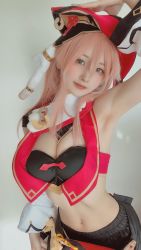 Rule 34 | 1girl, absurdres, armpits, asian, black bra, bra, breasts, cleavage, cosplay, cropped jacket, genshin impact, green eyes, hat, highres, japanese (nationality), large breasts, looking at viewer, midriff, navel, photo (medium), pink hair, red hat, sleeveless, solo, stomach, underwear, yanfei (genshin impact), yanfei (genshin impact) (cosplay)