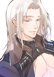 Rule 34 | 1boy, absurdres, abyss chaser (ragnarok online), blue eyes, brown shirt, chest harness, closed mouth, collared shirt, commentary request, eyelashes, grey hair, harness, highres, long hair, looking at viewer, male focus, noxxia39, parted bangs, pectorals, ragnarok online, shirt, shrug (clothing), simple background, smile, solo, upper body, white background
